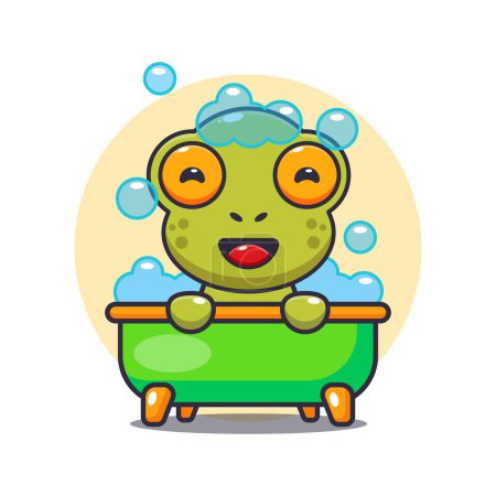 Illustration for Cute frog taking bubble bath in bathtub cartoon vector illustration. - Royalty Free Image
