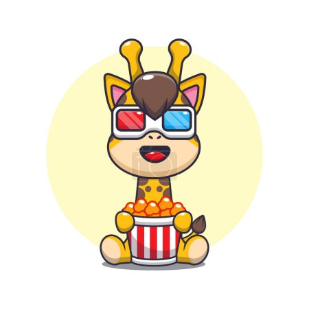 Téléchargez les illustrations : Girafe mignon manger popcorn et regarder 3d film dessin animé vectoriel illustration. - en licence libre de droit