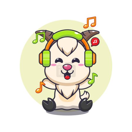 Illustration for Cute goat listening music with headphone cartoon vector illustration. Vector cartoon Illustration suitable for poster, brochure, web, mascot, sticker, logo and icon. - Royalty Free Image