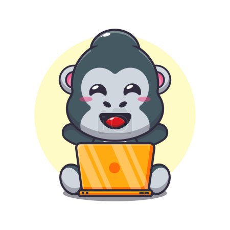 Téléchargez les illustrations : Gorille mignon avec illustration vectorielle de dessin animé ordinateur portable. - en licence libre de droit