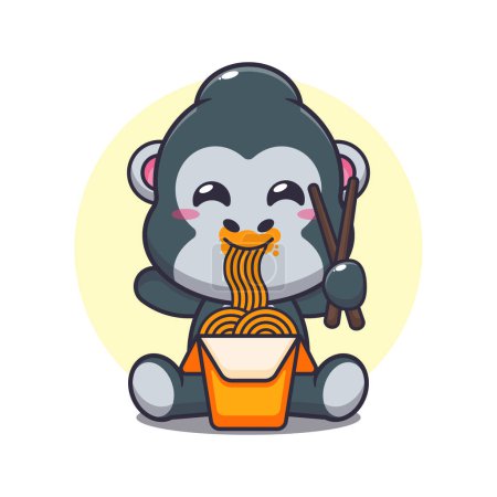 Téléchargez les illustrations : Mignon gorille manger nouilles dessin animé vecteur illustration. - en licence libre de droit