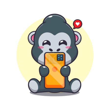 Ilustración de Lindo gorila con ilustración de vector de dibujos animados de teléfono. - Imagen libre de derechos