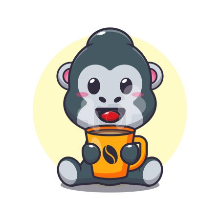 Téléchargez les illustrations : Mignon gorille avec illustration vectorielle de dessin animé café chaud. - en licence libre de droit