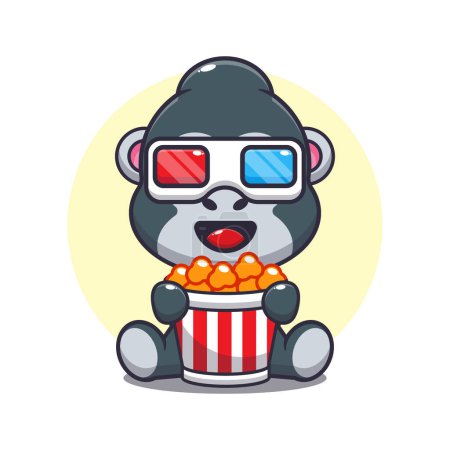 Illustration for Cute gorilla eating popcorn and watch 3d movie cartoon vector illustration. - Royalty Free Image