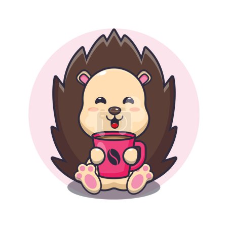 Illustration for Cute hedgehog with hot coffee cartoon vector illustration. - Royalty Free Image