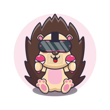Illustration for Cute hedgehog playing virtual reality cartoon vector illustration. - Royalty Free Image