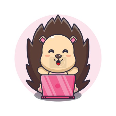 Illustration for Cute hedgehog with laptop cartoon vector illustration. - Royalty Free Image