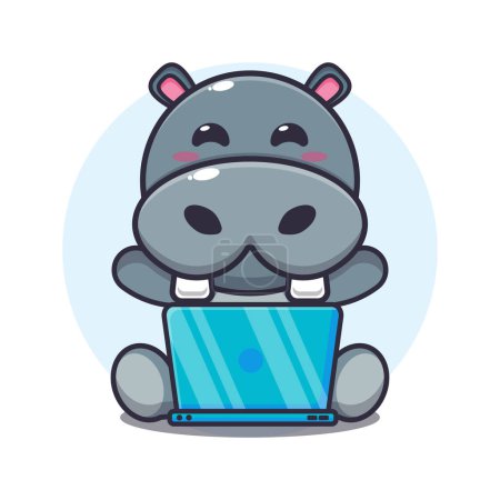 Illustration for Cute hippo with laptop cartoon vector illustration. - Royalty Free Image