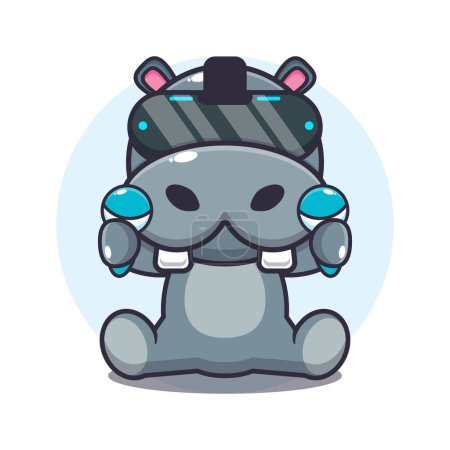 Illustration for Cute hippo playing virtual reality cartoon vector illustration. - Royalty Free Image