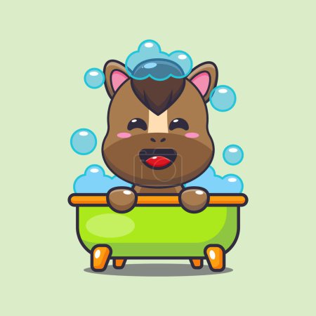 Téléchargez les illustrations : Mignon cheval prenant bain moussant dans la baignoire illustration vectorielle dessin animé. - en licence libre de droit