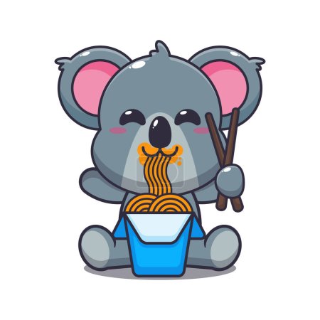 Téléchargez les illustrations : Mignon koala manger nouilles dessin animé vecteur illustration. - en licence libre de droit