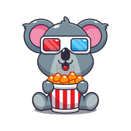 Illustration for Cute koala eating popcorn and watch 3d movie cartoon vector illustration. - Royalty Free Image