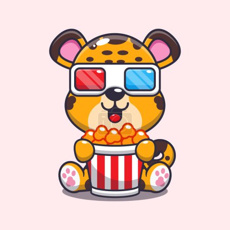 Illustration for Cute leopard eating popcorn and watch 3d movie cartoon vector illustration. - Royalty Free Image