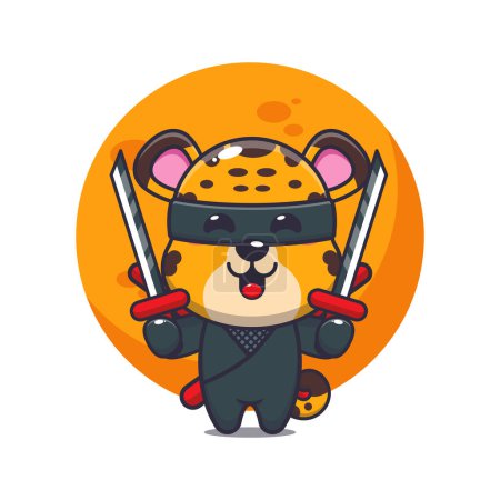 Téléchargez les illustrations : Illustration vectorielle de dessin animé ninja léopard mignon. - en licence libre de droit