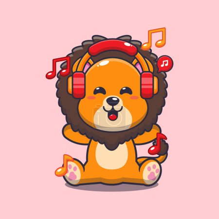 Ilustración de Lindo león escuchando música con ilustración vectorial de dibujos animados auriculares. - Imagen libre de derechos