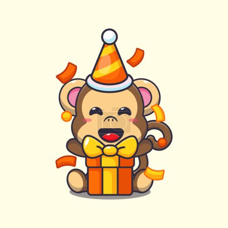 Ilustración de Mono lindo en la ilustración del vector de dibujos animados fiesta de cumpleaños. - Imagen libre de derechos