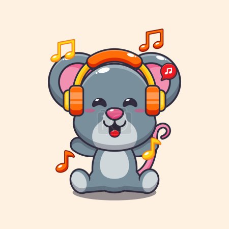 Téléchargez les illustrations : Mignonne musique d'écoute de souris avec illustration vectorielle de dessin animé casque. - en licence libre de droit