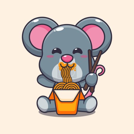 Illustration for Cute mouse eating noodle cartoon vector illustration. - Royalty Free Image