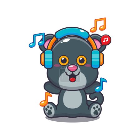 Ilustración de Linda pantera escuchar música con auriculares ilustración vector de dibujos animados. - Imagen libre de derechos