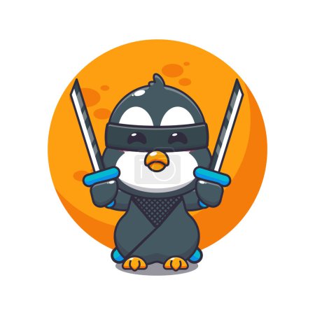 Téléchargez les illustrations : Mignon ninja pingouin dessin animé vecteur illustration. - en licence libre de droit