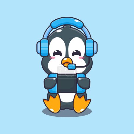 Téléchargez les illustrations : Mignon pingouin jouer à un jeu dessin animé vectoriel illustration. - en licence libre de droit