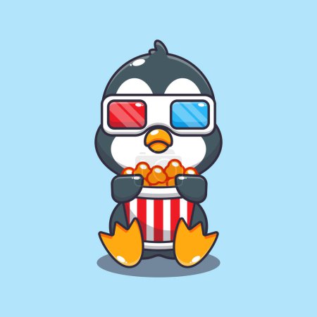 Téléchargez les illustrations : Mignon pingouin manger pop-corn et regarder 3d film dessin animé vecteur illustration. - en licence libre de droit