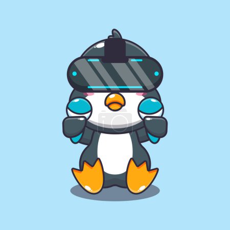 Téléchargez les illustrations : Mignon pingouin jouer réalité virtuelle dessin animé vectoriel illustration. - en licence libre de droit