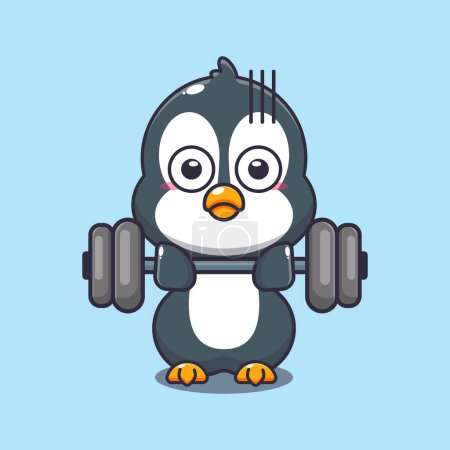 Ilustración de Lindo pingüino levantamiento de barras ilustración vector de dibujos animados. - Imagen libre de derechos