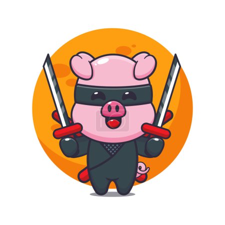 Téléchargez les illustrations : Illustration vectorielle de dessin animé de porc ninja mignon. - en licence libre de droit