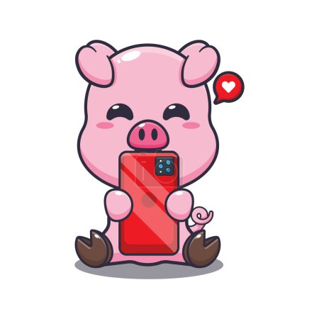 Téléchargez les illustrations : Cochon mignon avec illustration vectorielle de dessin animé téléphone. - en licence libre de droit