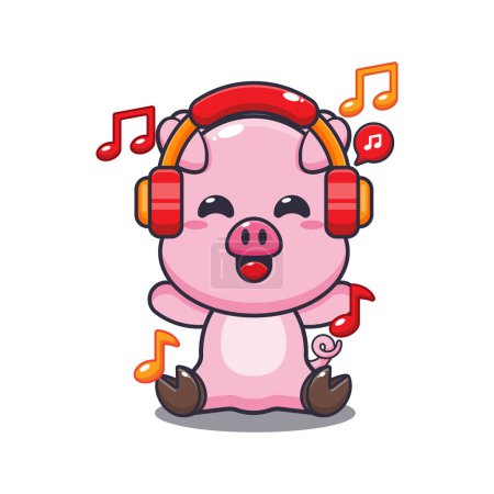 Ilustración de Lindo cerdo escuchando música con auriculares ilustración vector de dibujos animados. - Imagen libre de derechos