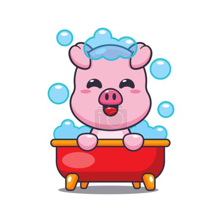 Téléchargez les illustrations : Mignon porc prenant bain moussant dans la baignoire illustration vectorielle dessin animé. - en licence libre de droit