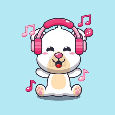 Téléchargez les illustrations : Ours polaire écouter de la musique avec illustration vectorielle de dessin animé casque. - en licence libre de droit