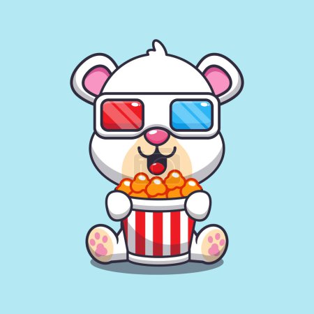 Illustration for Polar bear eating popcorn and watch 3d movie cartoon vector illustration. - Royalty Free Image
