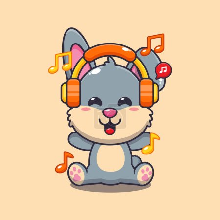 Téléchargez les illustrations : Mignon lapin écouter de la musique avec illustration vectorielle de dessin animé casque. - en licence libre de droit