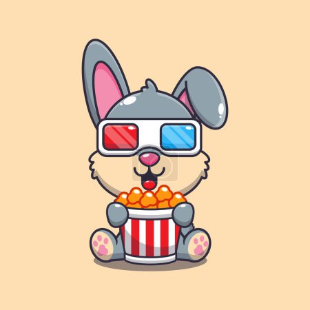 Illustration for Cute rabbit eating popcorn and watch 3d movie cartoon vector illustration. - Royalty Free Image