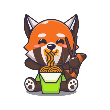 Téléchargez les illustrations : Illustration vectorielle de dessin animé panda rouge mangeant des nouilles. - en licence libre de droit