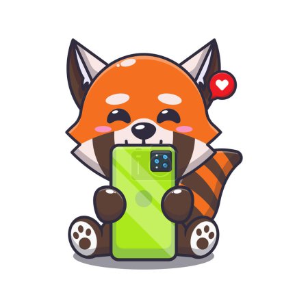 Téléchargez les illustrations : Panda rouge avec illustration vectorielle de dessin animé téléphone. - en licence libre de droit