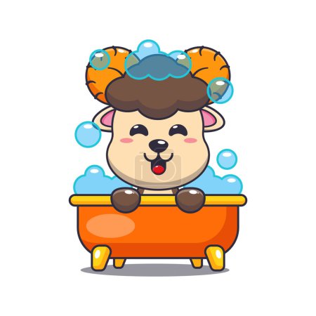 Illustration for Cute ram sheep taking bubble bath in bathtub cartoon vector illustration. - Royalty Free Image