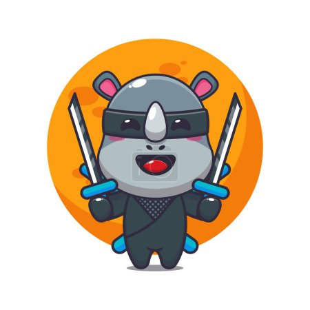 Ilustración de Lindo ninja rinoceronte ilustración vector de dibujos animados. - Imagen libre de derechos
