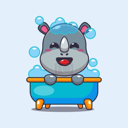 Illustration for Cute rhino taking bubble bath in bathtub cartoon vector illustration. - Royalty Free Image