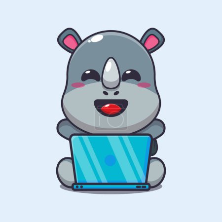Illustration for Cute rhino with laptop cartoon vector illustration. - Royalty Free Image