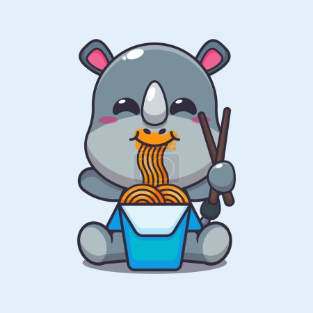 Ilustración de Lindo rinoceronte comer fideos ilustración vector de dibujos animados. - Imagen libre de derechos