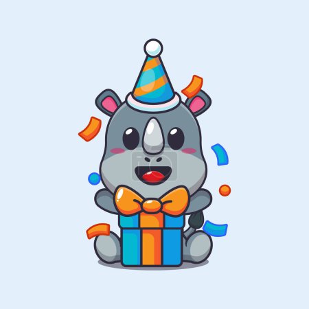 Ilustración de Lindo rinoceronte en fiesta de cumpleaños ilustración vector de dibujos animados. - Imagen libre de derechos