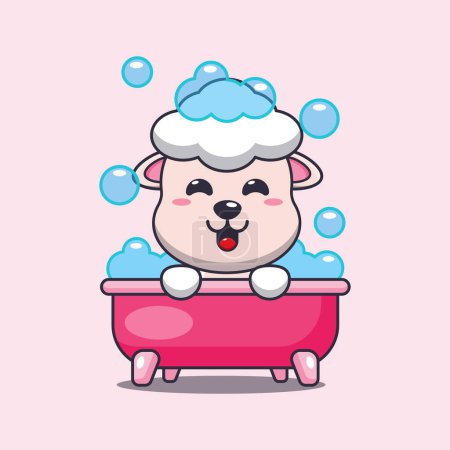Téléchargez les illustrations : Mignon mouton prenant bain moussant dans la baignoire illustration vectorielle dessin animé. - en licence libre de droit