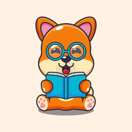 Illustration for Cute shiba inu reading a book cartoon vector illustration. - Royalty Free Image