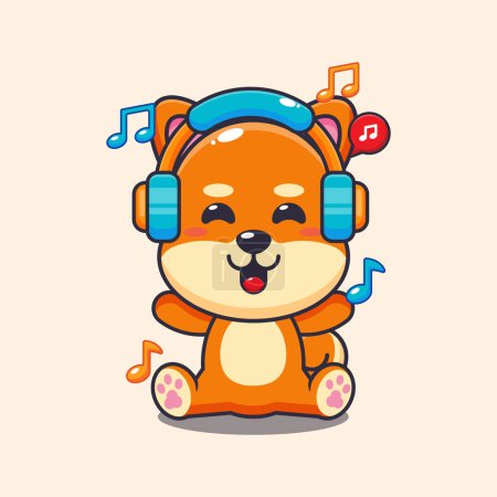 Ilustración de Lindo shiba inu escuchar música con auriculares ilustración vector de dibujos animados. - Imagen libre de derechos