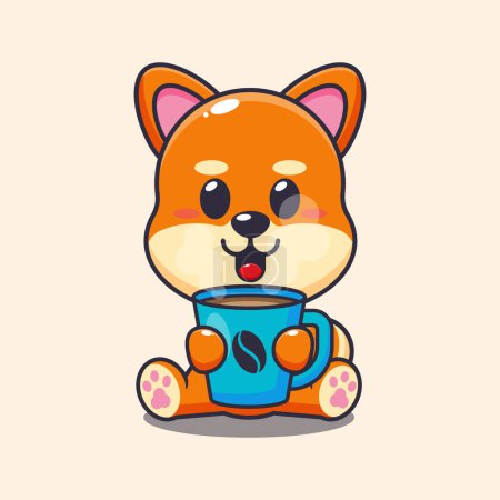 Illustration for Cute shiba inu with hot coffee cartoon vector illustration. - Royalty Free Image