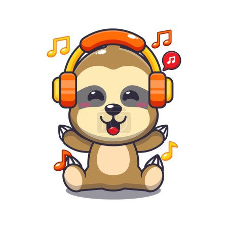 Illustration for Cute sloth listening music with headphone cartoon vector illustration. - Royalty Free Image