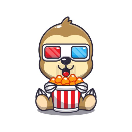Illustration for Cute sloth eating popcorn and watch 3d movie cartoon vector illustration. - Royalty Free Image